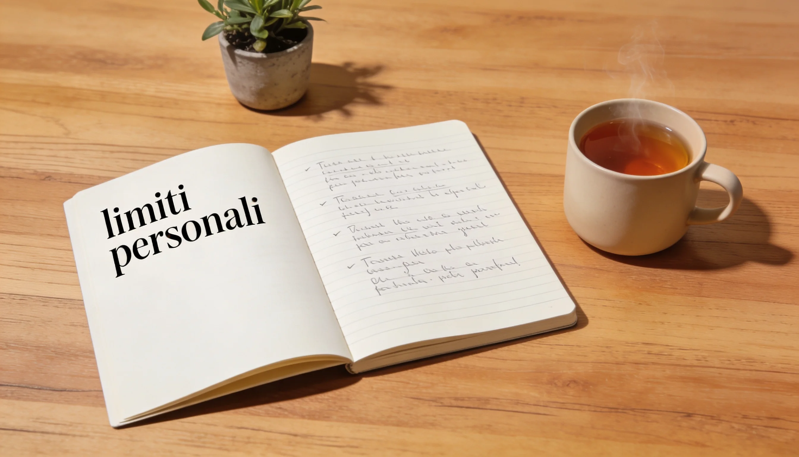 Ambiente calmo con blocco note dedicato a limiti personali e richiesta di aiuto